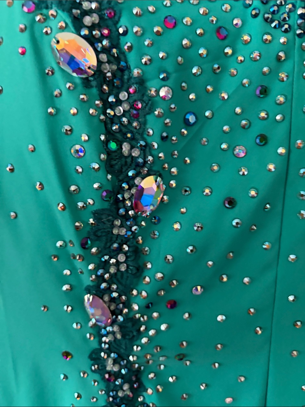 Turquoise Long Sleeve Ballroom Dress with Nude Illusion and Crystal Trim - Picture 5 of 11
